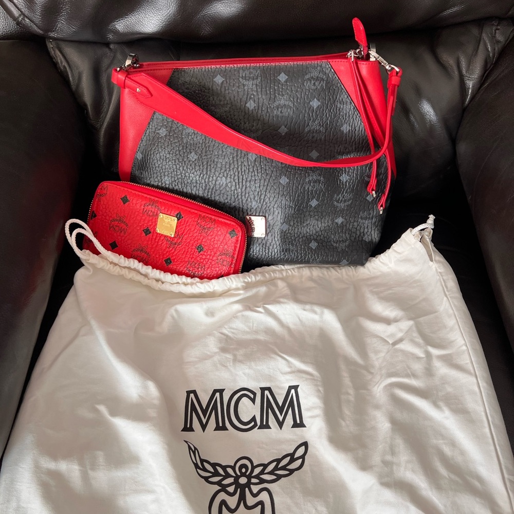 MCM Black and Red Handbag with Pouch
